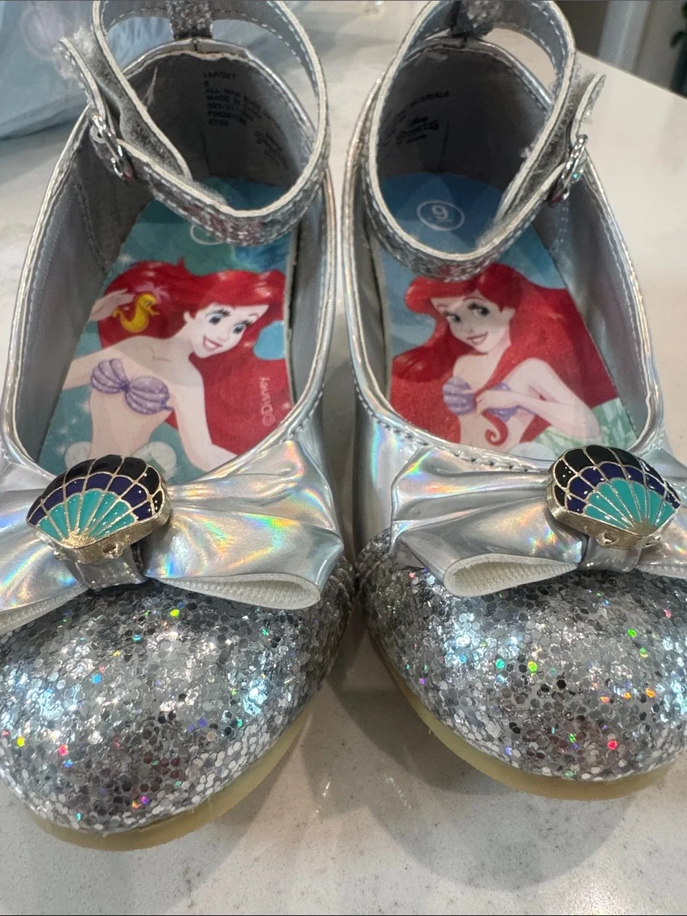 Disney Silver Glitter Ariel Mary Jane Shoes with Seashell Accent